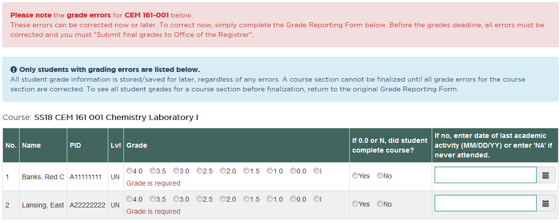 Screenshot of the Grade Reporting Form Error Report